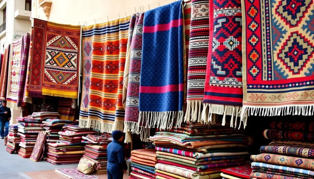 Colorful Moroccan carpets and textiles for sale at the Khemisset market