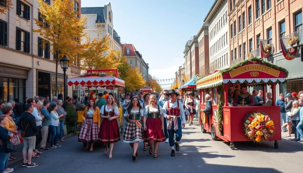 Colorful Oktoberfest parade in downtown Kitchener with traditional German costumes