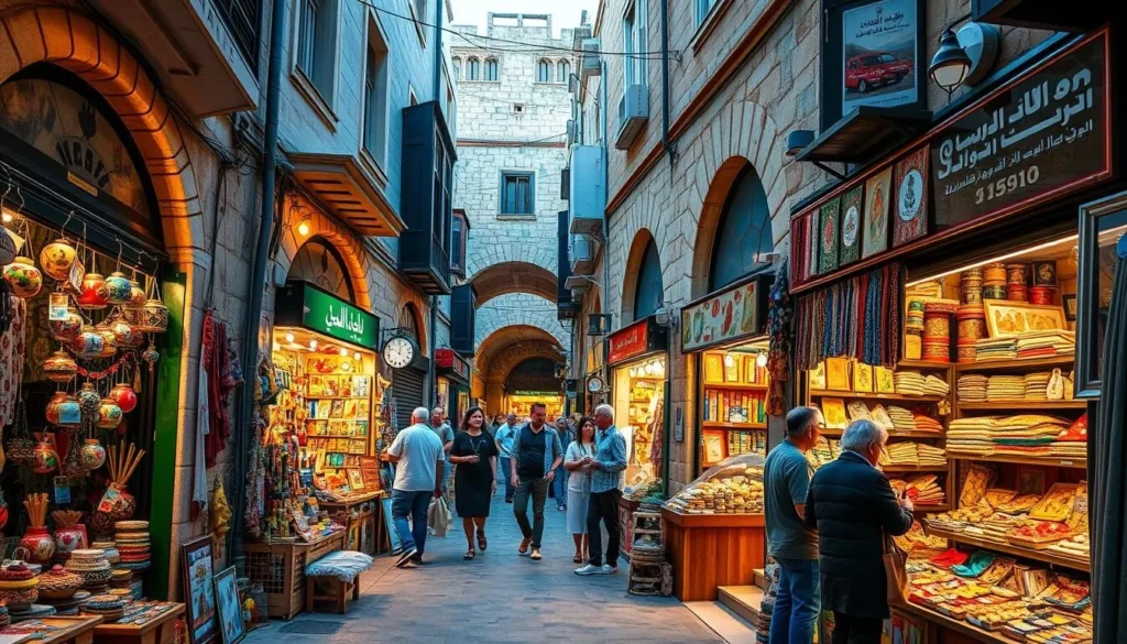 Colorful Old Souk in Byblos with narrow stone streets, shops selling handicrafts and souvenirs