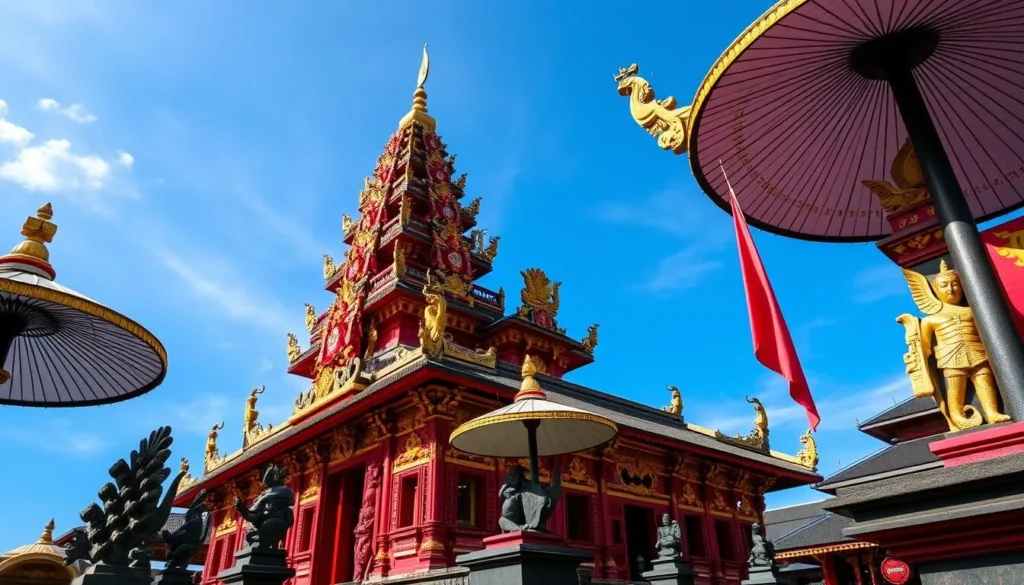 Colorful Pura Pabean temple near West Bali National Park with traditional Balinese architecture