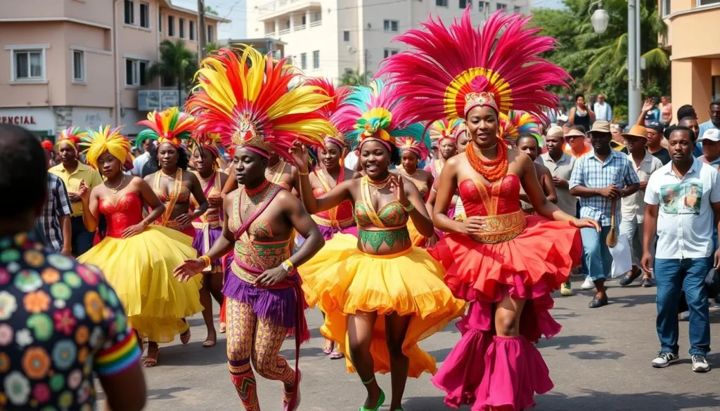 Colorful Spicemas carnival parade in Grenada with costumed dancers and musicians Colorful Spicemas carnival parade in Grenada with costumed dancers and musicians