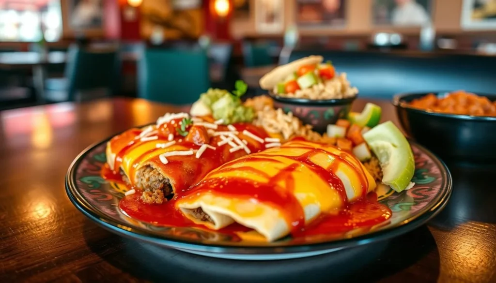 Colorful Tex-Mex dish with enchiladas, rice and beans at a Hurst Texas restaurant Colorful Tex-Mex dish with enchiladas, rice and beans at a Hurst Texas restaurant
