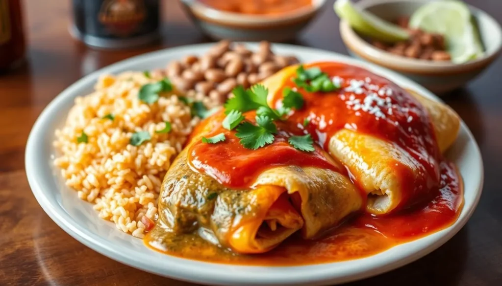 Colorful Tex-Mex dish with enchiladas, rice, and beans at a popular Midland restaurant Colorful Tex-Mex dish with enchiladas, rice, and beans at a popular Midland restaurant