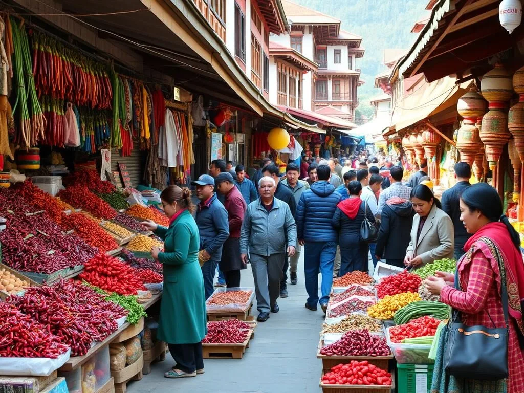 Colorful Thimphu Weekend Market with local vendors selling produce and crafts