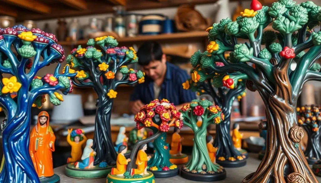 Colorful Tree of Life pottery in an artisan workshop in Metepec, Mexico State Colorful Tree of Life pottery in an artisan workshop in Metepec, Mexico State