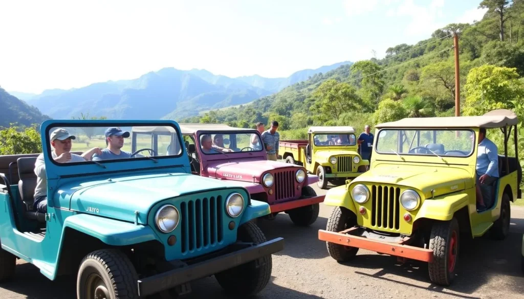 Colorful Willys jeeps parked at the entrance to Cocora Valley with travelers boarding for their journey Colorful Willys jeeps parked at the entrance to Cocora Valley with travelers boarding for their journey