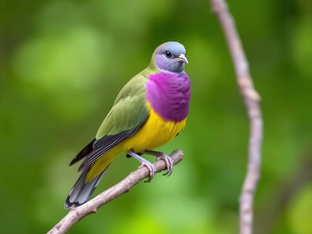 Colorful Wompoo Fruit-Dove perched on a branch in Curtain Fig National Park, Queensland