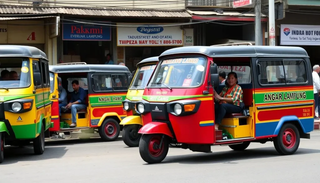 Colorful angkot minibuses in Bandar Lampung serving as public transportation