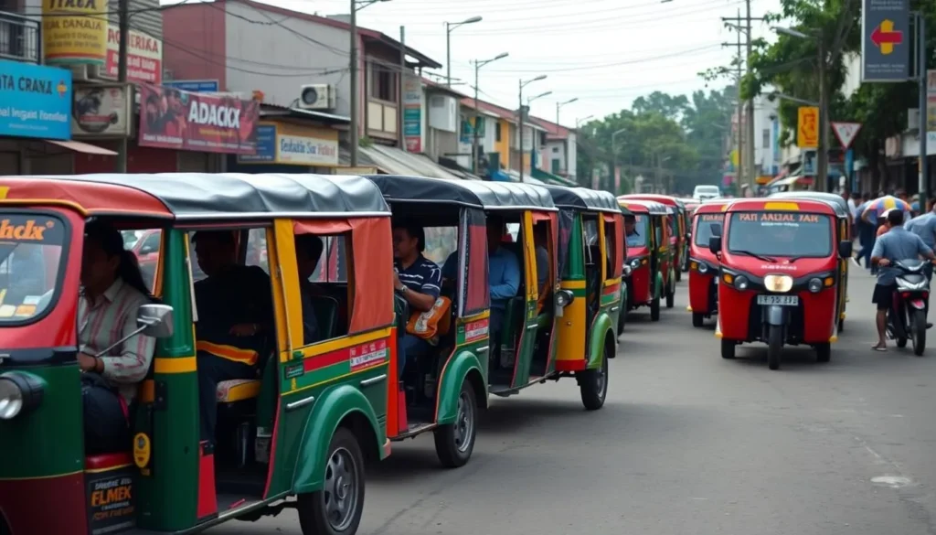 Colorful angkot (public minivans) on a street in Tasikmalaya, Indonesia