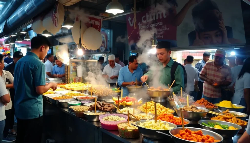 Colorful array of traditional Indonesian street food at a Jakarta festival with vendors and customers