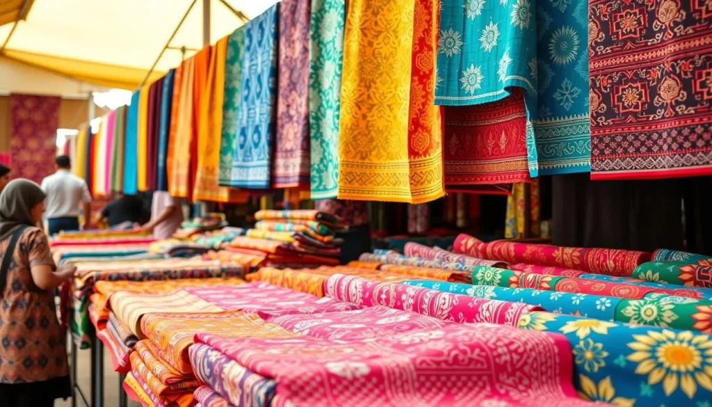 Colorful batik fabrics displayed at Klewer Market in Surakarta
