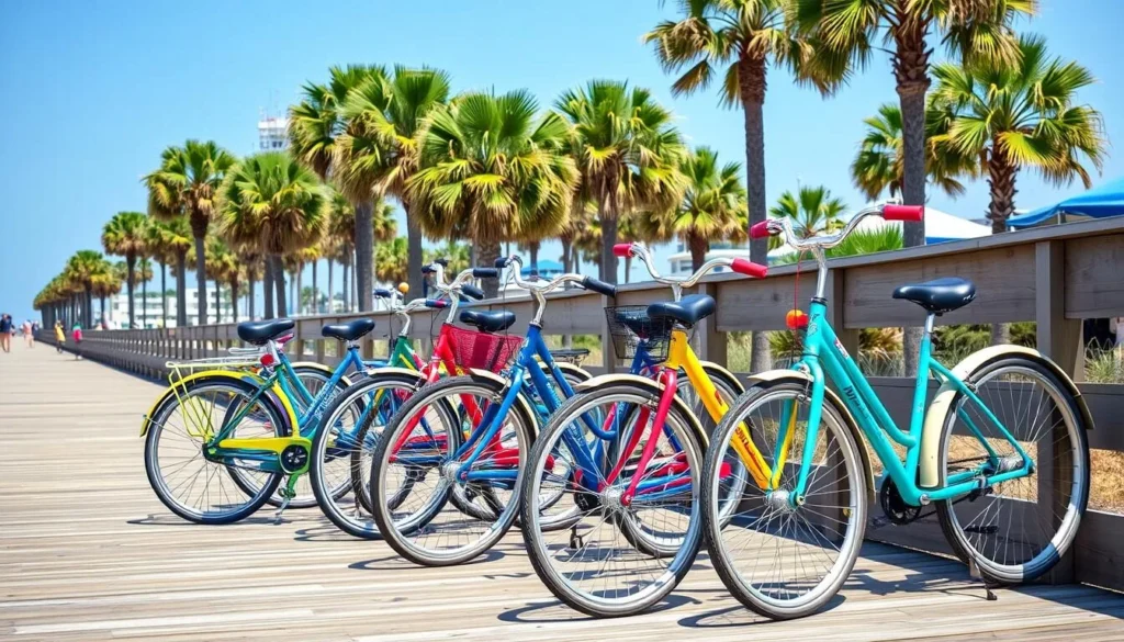 Colorful beach cruiser bicycles parked near Folly Beach with palm trees in background