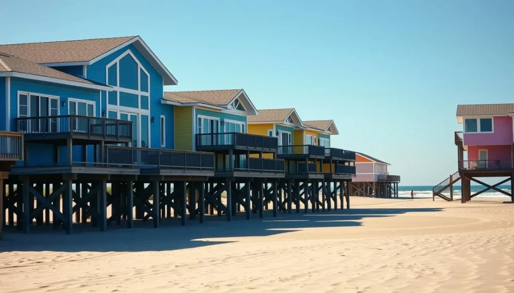 Colorful beach houses on stilts along Surfside Beach, Texas shoreline Colorful beach houses on stilts along Surfside Beach, Texas shoreline