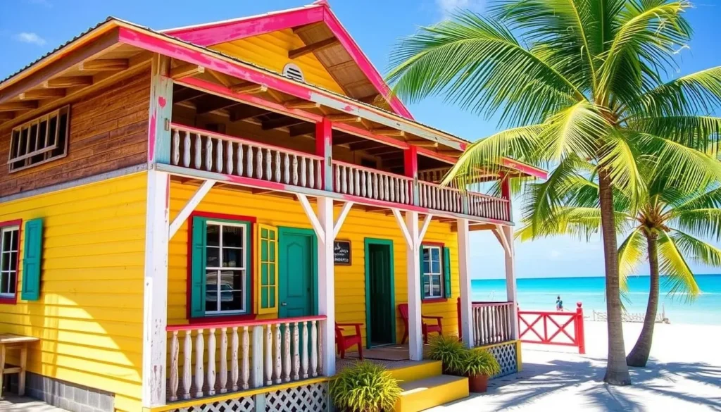 Colorful beachfront guesthouse in Dangriga with palm trees and Caribbean Sea views Colorful beachfront guesthouse in Dangriga with palm trees and Caribbean Sea views