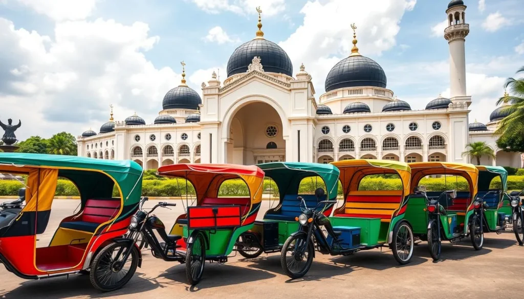 Colorful becak (motorized rickshaws) lined up in front of Baiturrahman Grand Mosque in Banda Aceh
