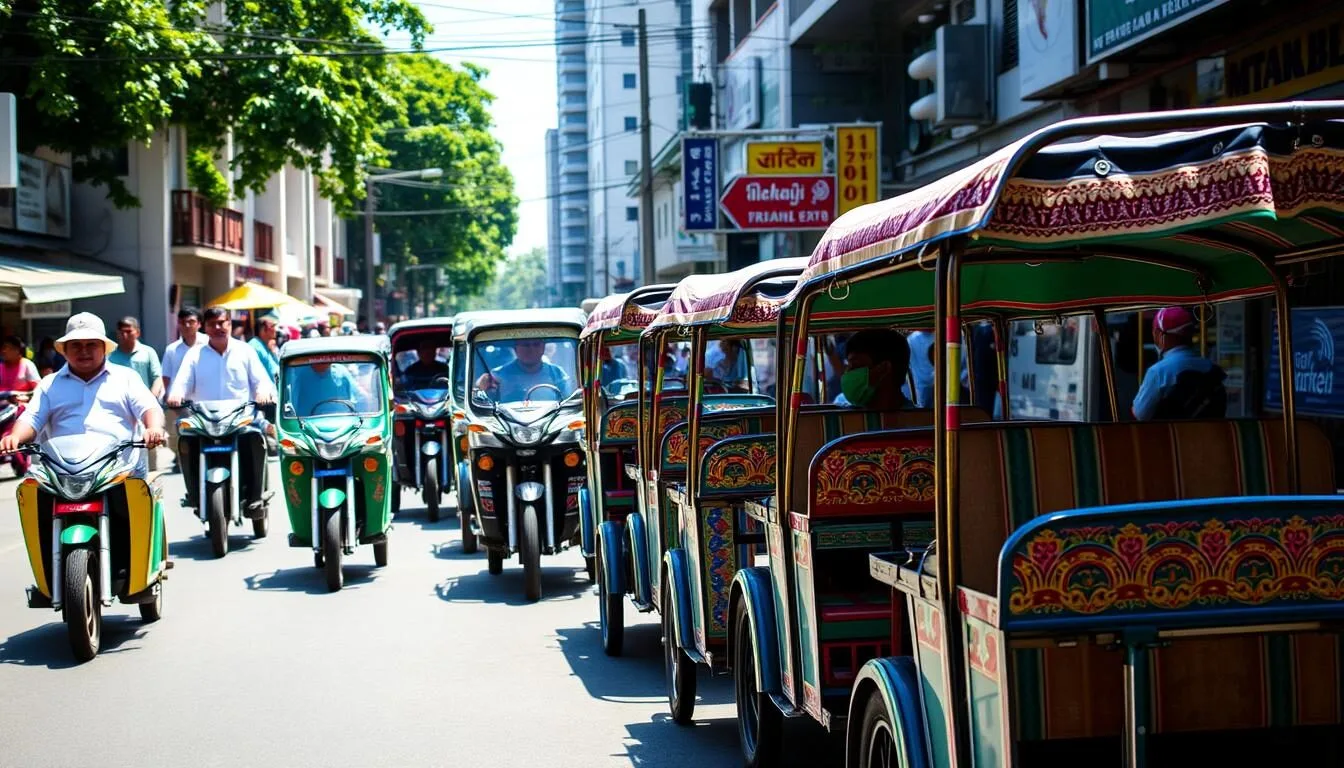 Colorful-becak-motorized-rickshaws-lined-up-on-a-street-in-Medan-Indonesia Colorful becak (motorized rickshaws) lined up on a street in Medan, Indonesia