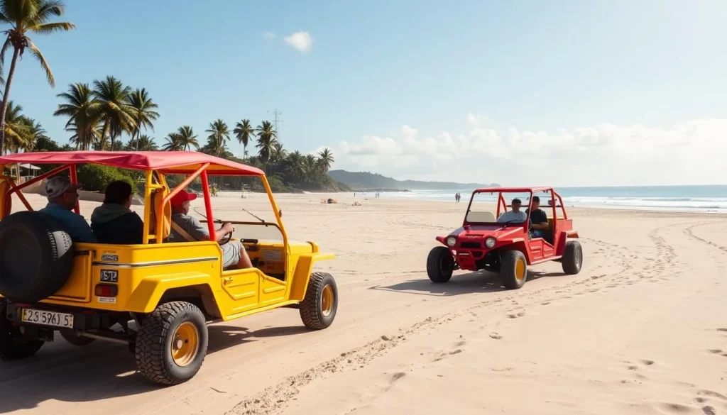 Colorful buggy tours driving along the beaches of Porto de Galinhas, a popular way to explore the area