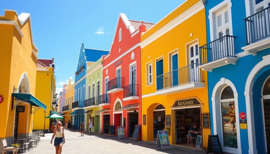 Colorful buildings along Kaya Grandi shopping street in downtown Kralendijk Colorful buildings along Kaya Grandi shopping street in downtown Kralendijk