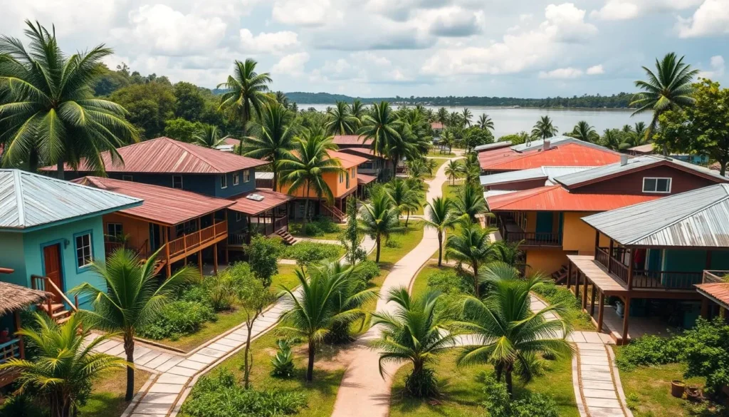 Colorful buildings and walkways in the car-free village of Puerto Nariño on the Amazon River, Colombia Colorful buildings and walkways in the car-free village of Puerto Nariño on the Amazon River, Colombia