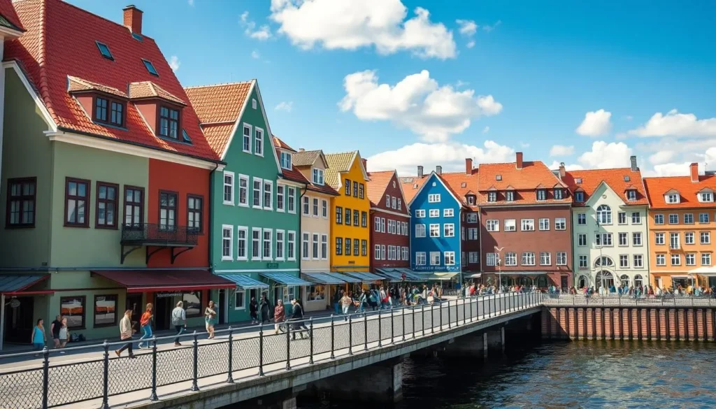Colorful buildings of the Fishing Village district in Kaliningrad with pedestrian bridge Colorful buildings of the Fishing Village district in Kaliningrad with pedestrian bridge