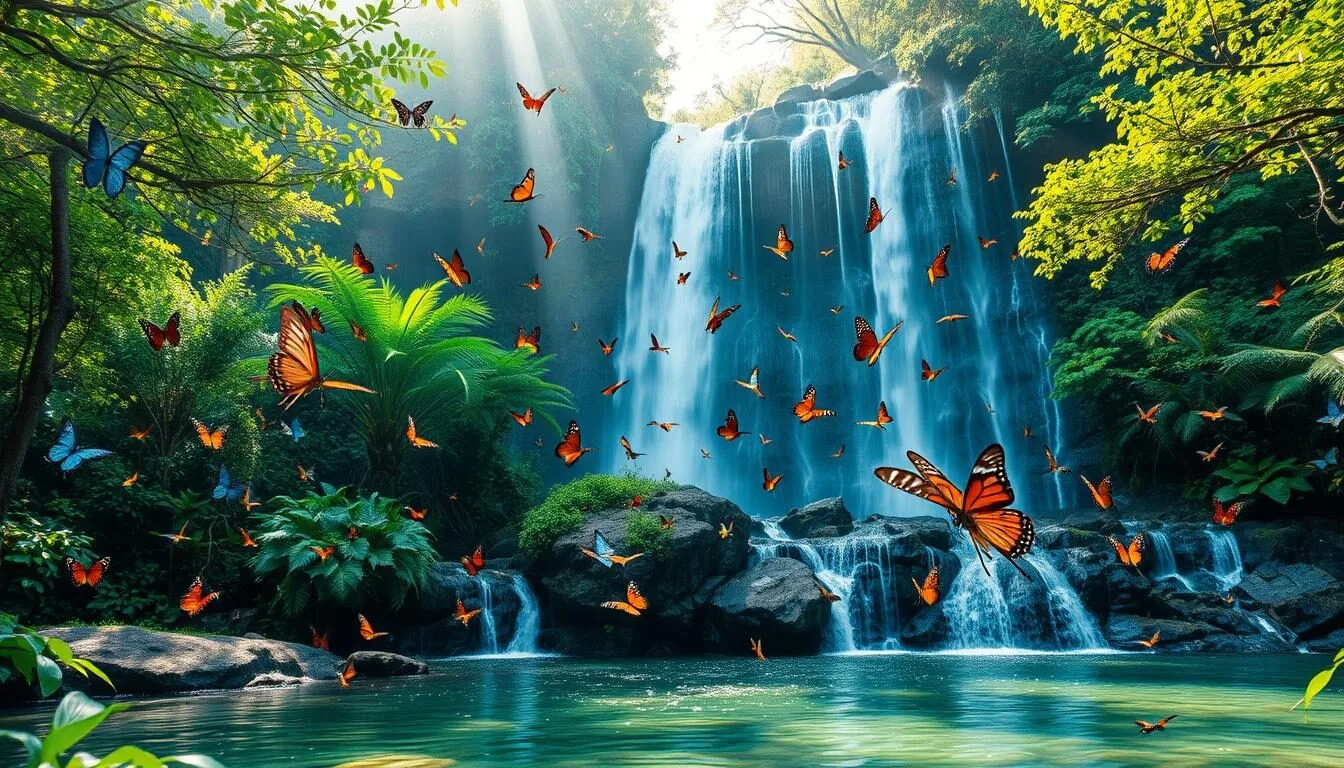 Colorful butterflies fluttering around Bantimurung Waterfall in Bantimurung-Bulusaraung National Park, Indonesia