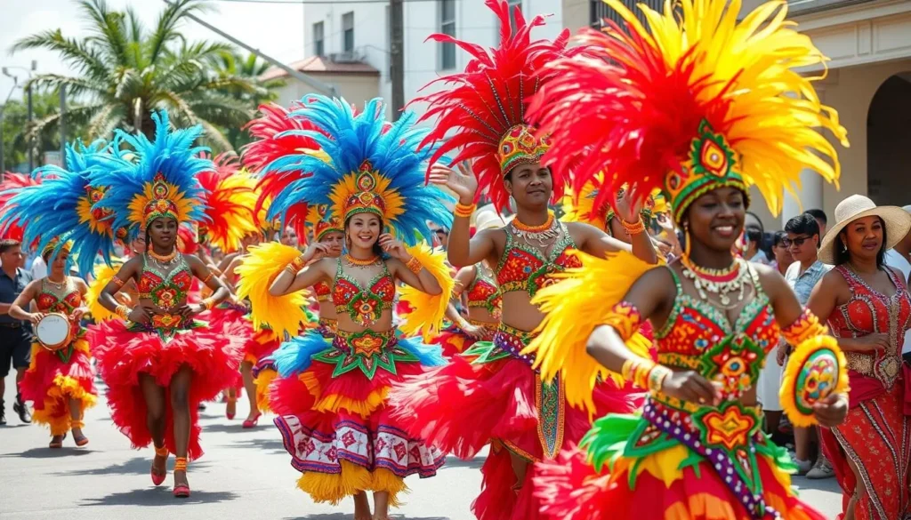 Colorful carnival dancers performing during Guantanamo Carnival in August