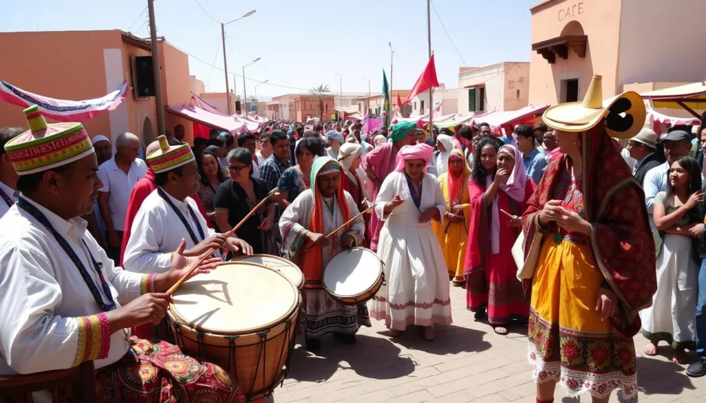 Colorful celebration during a local festival in the Sidi Slimane region with traditional music and dance