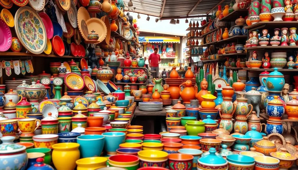 Colorful ceramic crafts and pottery for sale in Raquira market Colorful ceramic crafts and pottery for sale in Raquira market