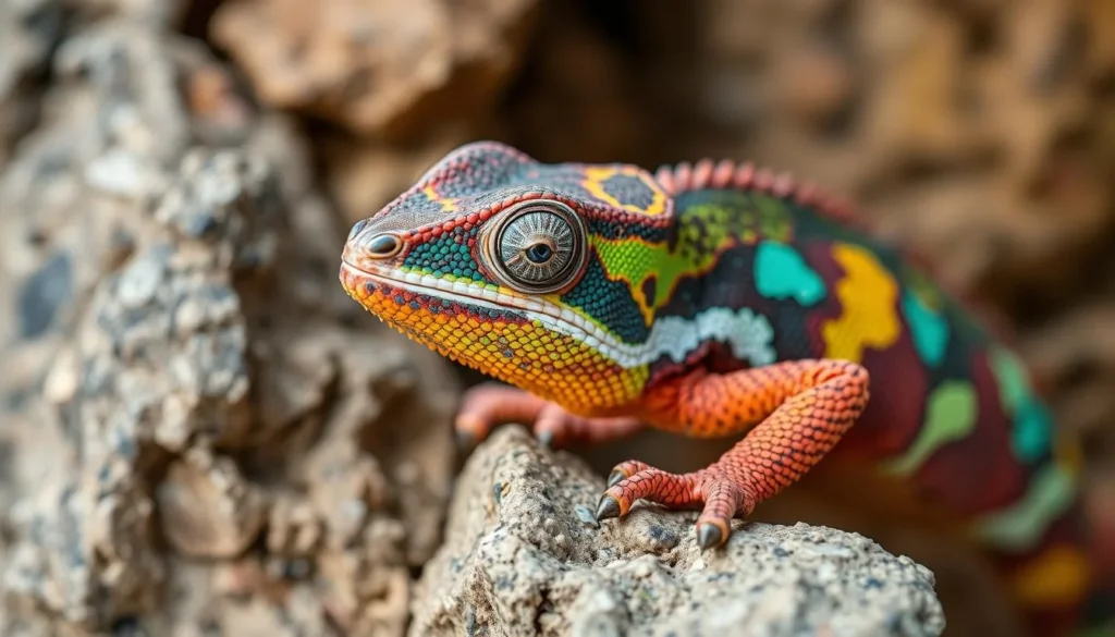 Colorful chameleon camouflaged on limestone in Tsingy de Bemaraha National Park