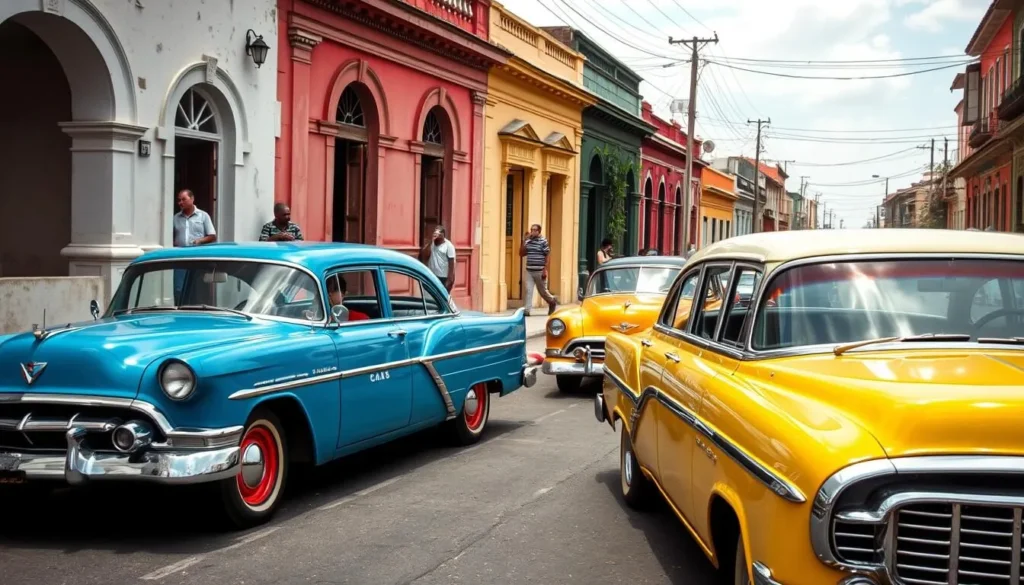 Colorful classic cars used as taxis in Guantanamo city, Cuba