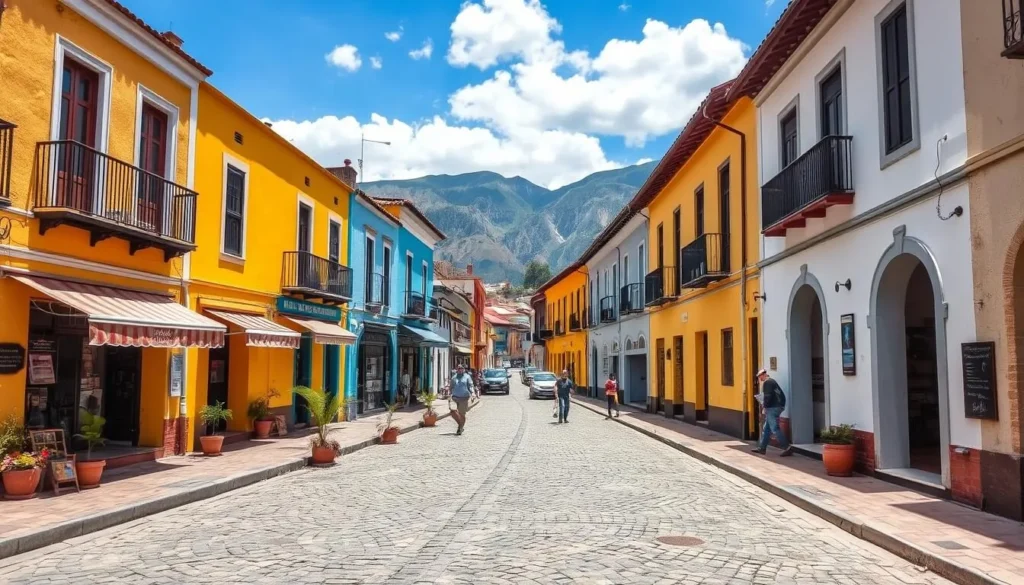 Colorful cobblestone streets of Samaipata town center with traditional buildings and shops