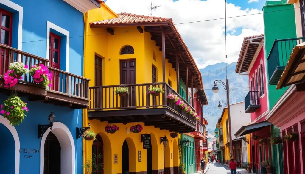 Colorful colonial architecture in Salento showing vibrant facades and balconies along a street