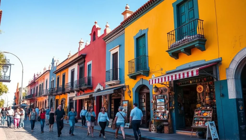 Colorful colonial architecture in Tlaquepaque with artisan shops and pedestrians