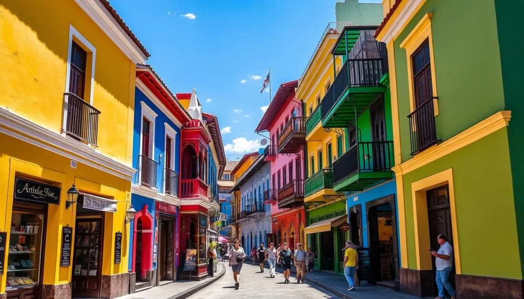 Colorful colonial buildings along Calle Real in Salento with artisan shops and cafes