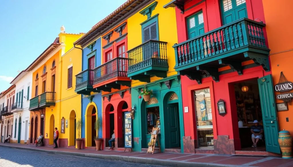 Colorful colonial buildings along Calle Real in Salento with traditional architecture and artisan shops Colorful colonial buildings along Calle Real in Salento with traditional architecture and artisan shops