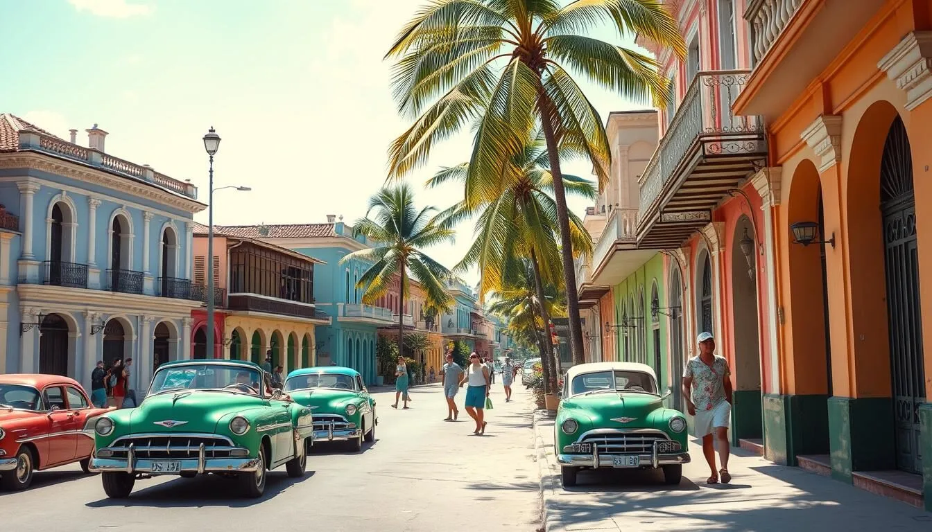 Colorful colonial buildings along a street in Jovellanos, Cuba with locals walking by on a sunny day