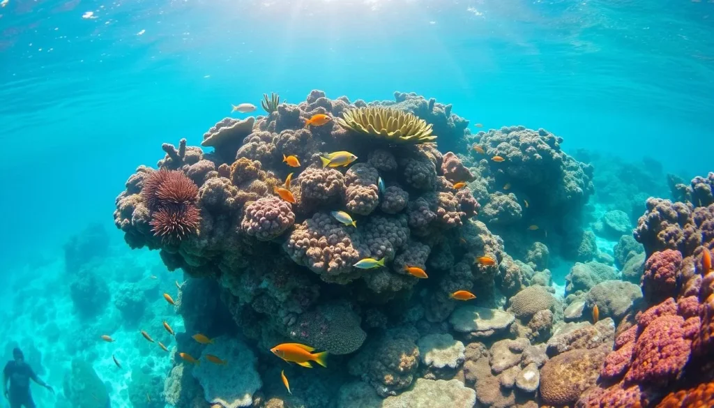 Colorful coral reef and marine life while snorkeling at Pulau Weh near Banda Aceh