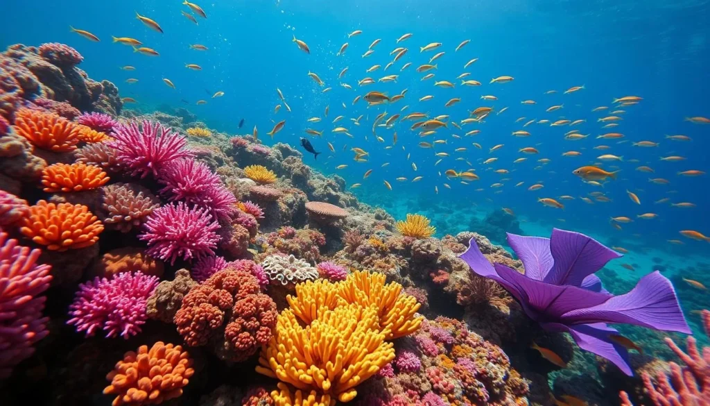 Colorful coral reef in Togean Islands with diverse marine life including tropical fish and sea fan corals Colorful coral reef in Togean Islands with diverse marine life including tropical fish and sea fan corals