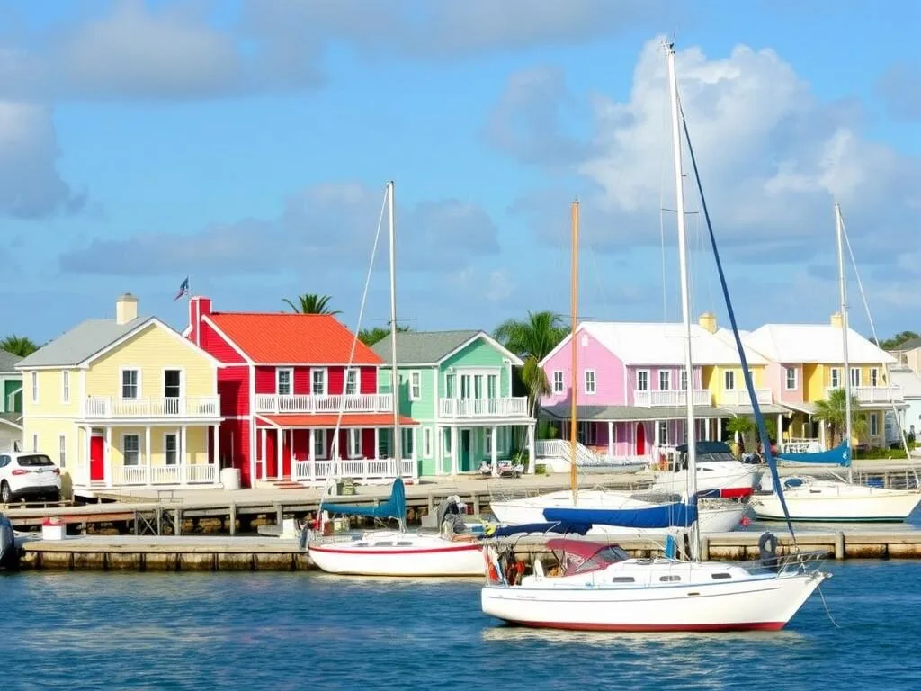 Colorful cottages and sailboats in Hope Town Harbor on Elbow Cay