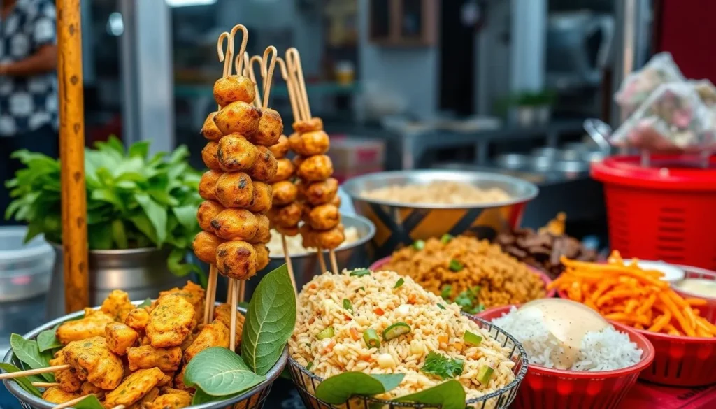 Colorful display of Indonesian street food including satay, nasi goreng, and gado-gado