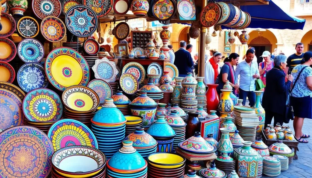 Colorful display of Safi pottery and ceramics at a local market