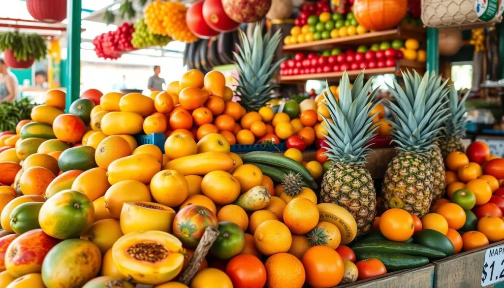 Colorful display of fresh tropical fruits at a local market in Tepic