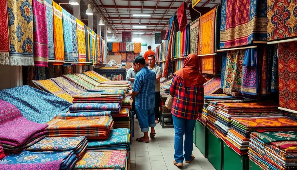 Colorful display of traditional batik fabrics at a market in Surabaya, highlighting shopping things to do in Surabaya Indonesia