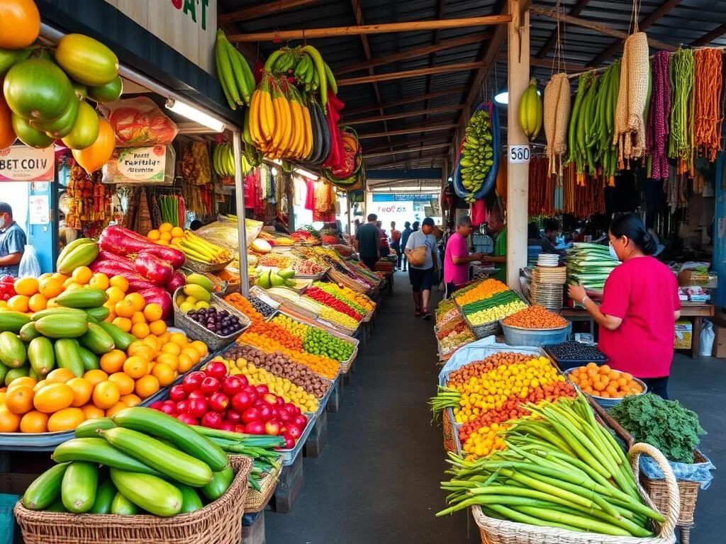 Colorful displays of fresh produce and spices at Pasar Pagi Tegal morning market