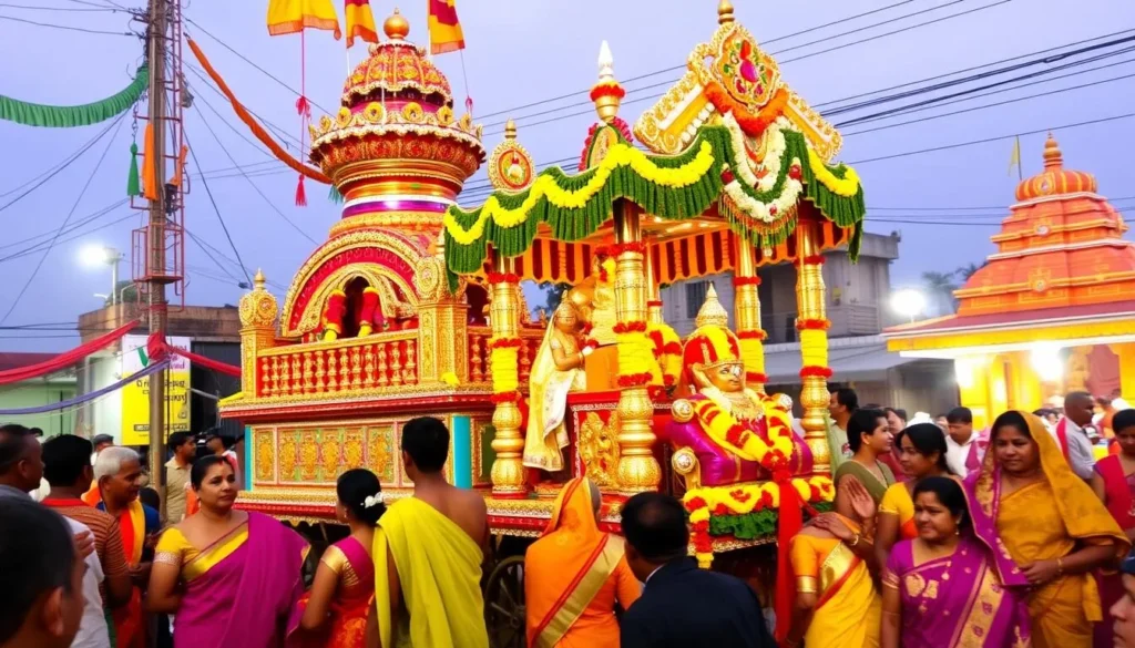 Colorful festival celebration at Nagapooshani Amman Temple with decorated chariot procession