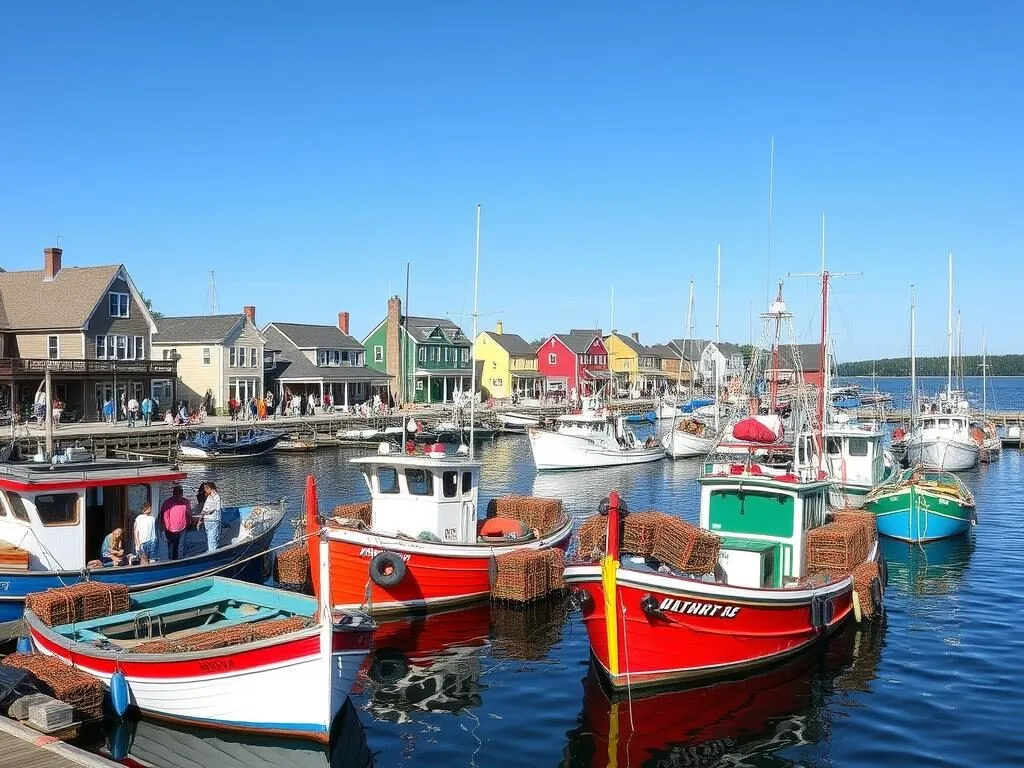 Colorful fishing boats in Kennebunkport harbor near Rachel Carson National Wildlife Refuge