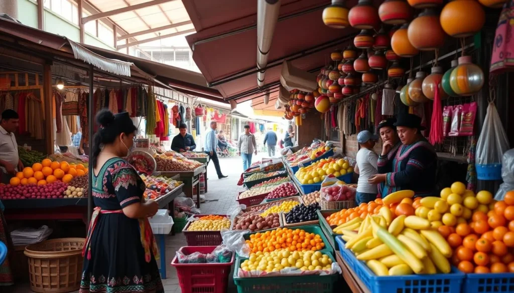Colorful food stalls at Tupiza's Central Market with fresh produce