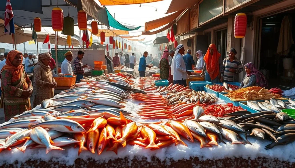 Colorful fresh fish and seafood at the Dibba Fish Market with local vendors