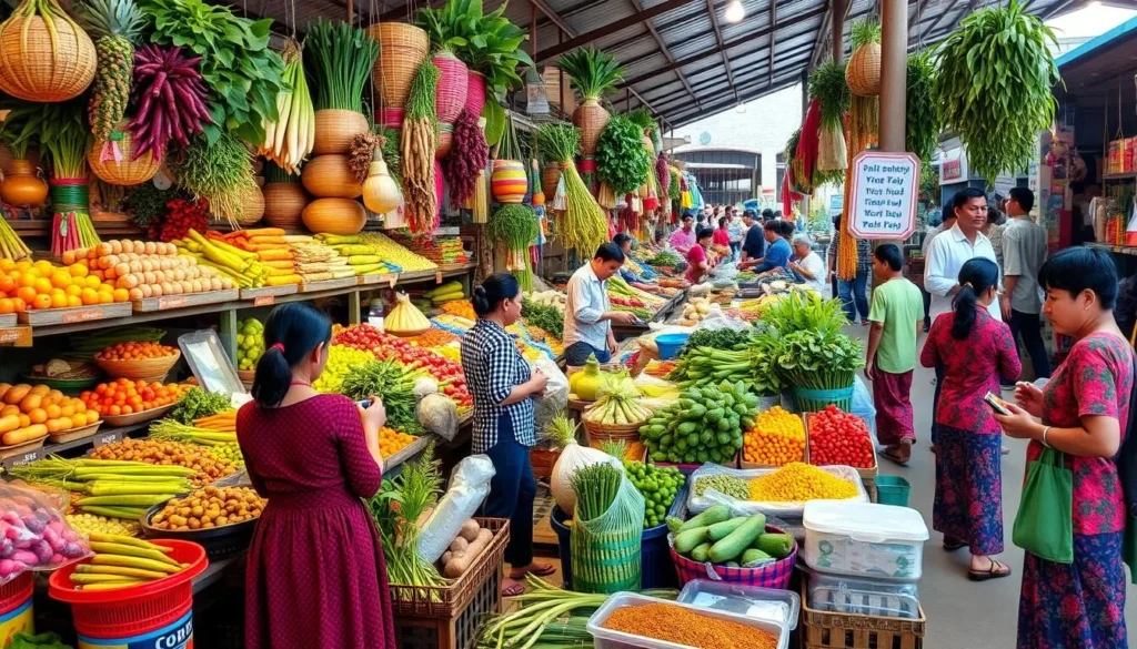 Colorful fresh market in Muang Xay with local produce and vendors Colorful fresh market in Muang Xay with local produce and vendors