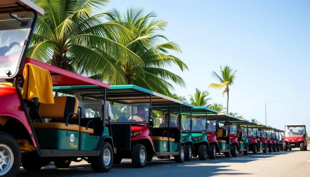 Colorful golf carts parked along a street in San Pedro, Belize - the main transportation method on the island